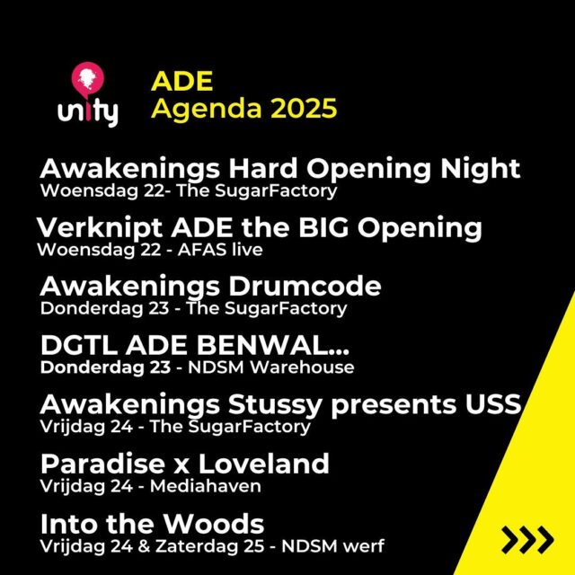 💛🖤🐝 Volgende week barst ADE weer los en staan wij met Unity op maar liefst 15 feestjes. Waar zien we jullie? 🕺🏽