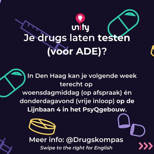 💊❄️ TESTSERVICE ADE
Wil jij je drugs laten testen voor ADE? Dat kan volgende week ook in Den Haag:
📅 Woensdagmiddag op afspraak
📅 Donderdagavond op inloop

👉 Meer info: @Drugskompas
📍Lijnbaan 4 in PsyQgebouw
🔗 Check ook andere testlocaties op:
www.drugs-test.nl
  Want to get your drugs tested for ADE? You can also do it next week in The Hague:
📅 Wednesday afternoon by appointment
📅 Thursday evening walk-in
👉 More info: @Drugskompas
🔗 Check other testing locations at:
www.drugs-test.nl
📍Lijnbaan 4 in PsyQ building